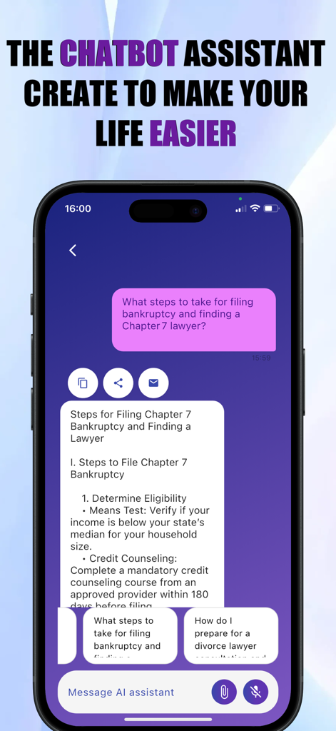 AvvoGPT - AI for Lawyers - A mobile phone displaying a legal AI chatbot answering a question about Chapter 7 bankruptcy filing steps.