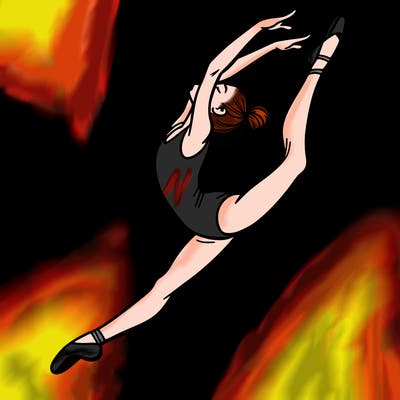 gymnast doing a leap in a leotard with a bent back leg