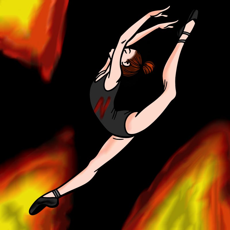 gymnast doing a leap in a leotard with a bent back leg