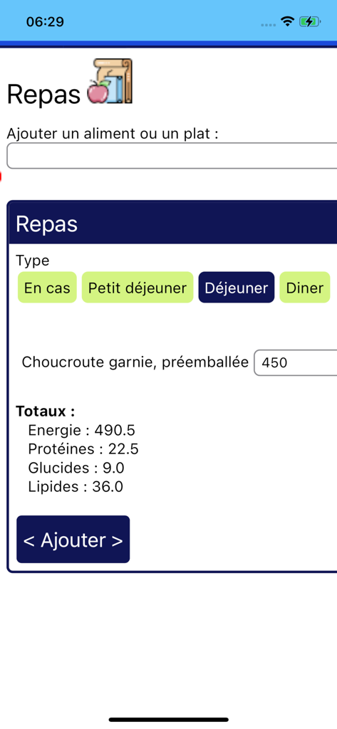 Mon Glucko - Diabète - Tela de registro de refeições do aplicativo Mon Glucko mostrando totais nutricionais para gerenciamento de diabetes
