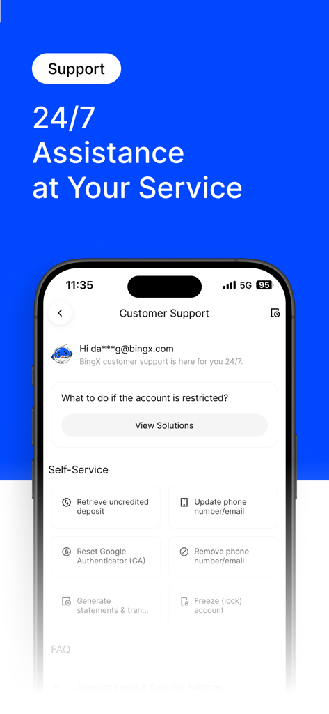 BingX: Buy Bitcoin & Crypto - BingX mobile app customer support page showing 24-7 assistance and self-service options