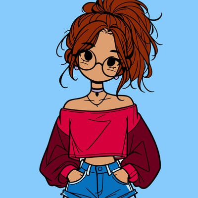girl with a messy ponytail glasses a baggy crop top and jean shorts