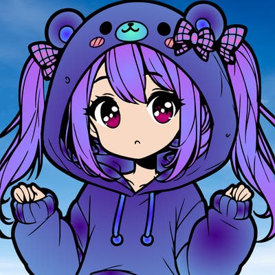 cute anime girl with ponytails and a cute bear hoodie