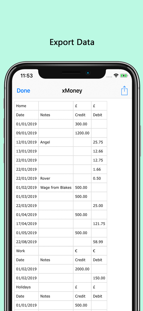 xMoney - Personal Finance - xMoney App-Oberfläche, die eine exportierte Datentabelle mit Transaktionsdaten und Beträgen anzeigt