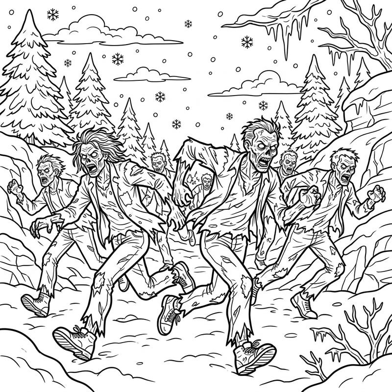 Prepare for an adrenaline rush with this unique coloring page featuring a horde of running zombies. Set against a beautiful yet eerie winter wonderland, this scene promises an unforgettable coloring experience.