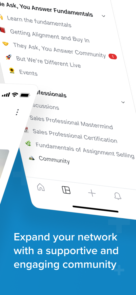IMPACT plus app screen showing professional community and networking options for marketing and sales experts
