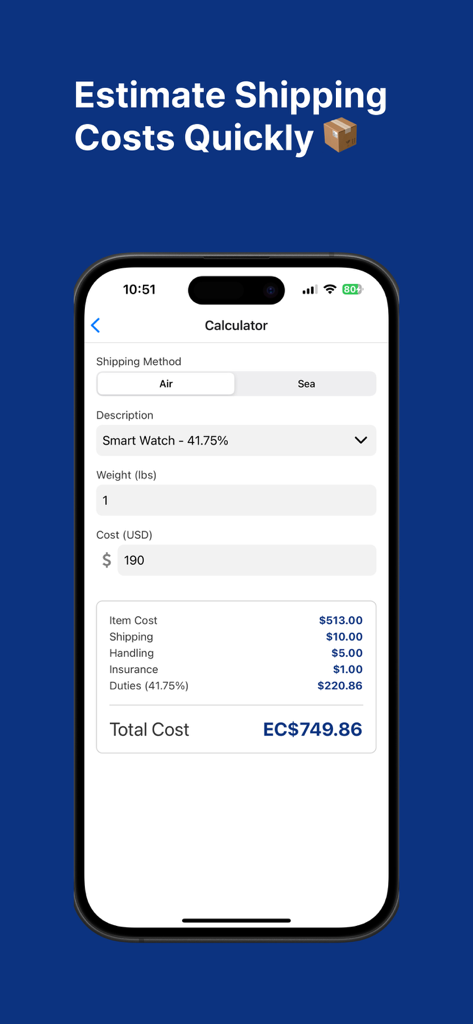 West Tech Shipping - West Tech Shipping app calculator interface showing an estimate for international shipping costs and duties