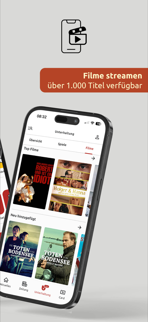 Smartphone-Bildschirm zeigt die Film-Streaming-Oberfläche in der Schwäbische News-App mit regionalen Filmtiteln
