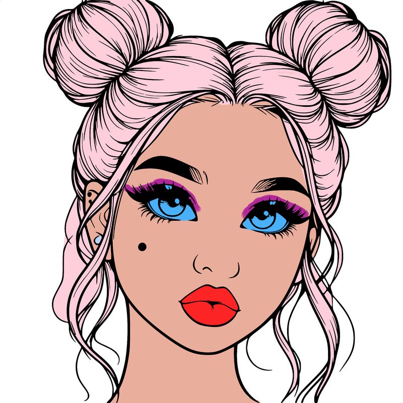 realistic girl with two buns on her hair and lips