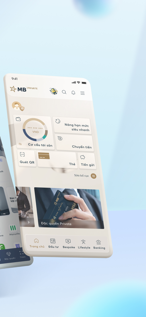 MB Bank mobile app interface showing private banking features and asset management dashboard