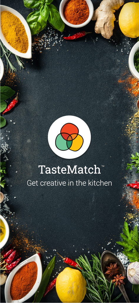 TasteMatch - TasteMatch app logo and slogan Get creative in the kitchen surrounded by fresh herbs and spices