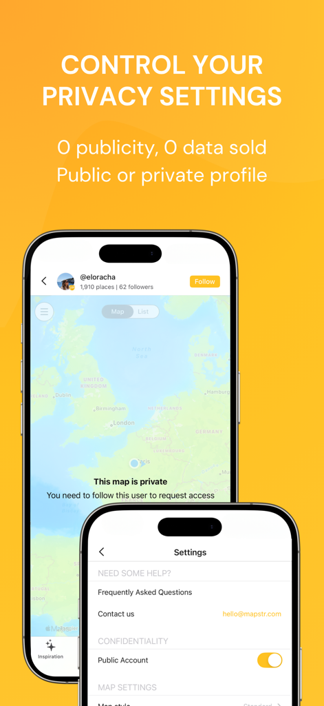 Mapstr app interface showcasing privacy settings and private profile options on a yellow background
