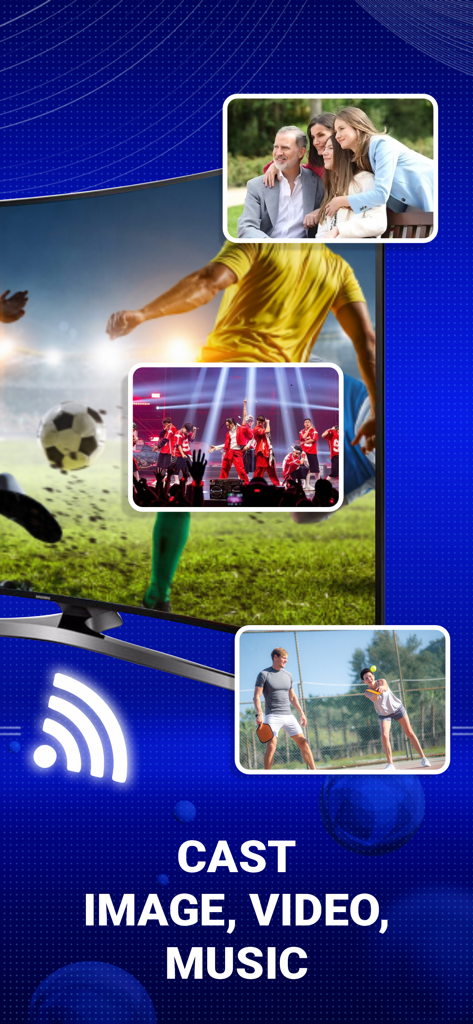 AirPlay Mirroring - AirPlayミラーリングアプリのインターフェース。イメージ、ビデオ、音楽をスマートTVにキャストするオプションを表示。