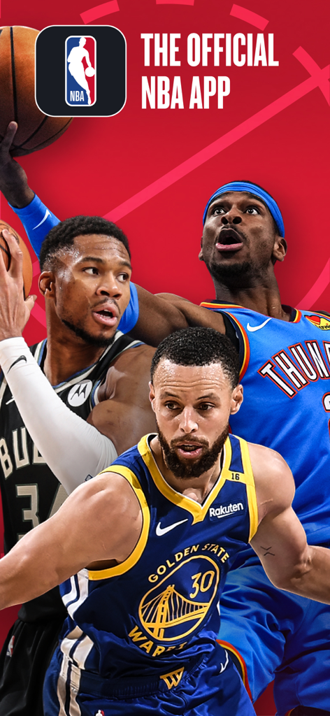 The official NBA app splash screen featuring star basketball players Stephen Curry and Giannis Antetokounmpo