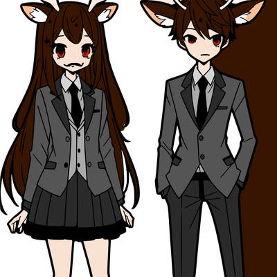 tall anime girl with deer ears wearing a suit and an anime guy wearing a suit