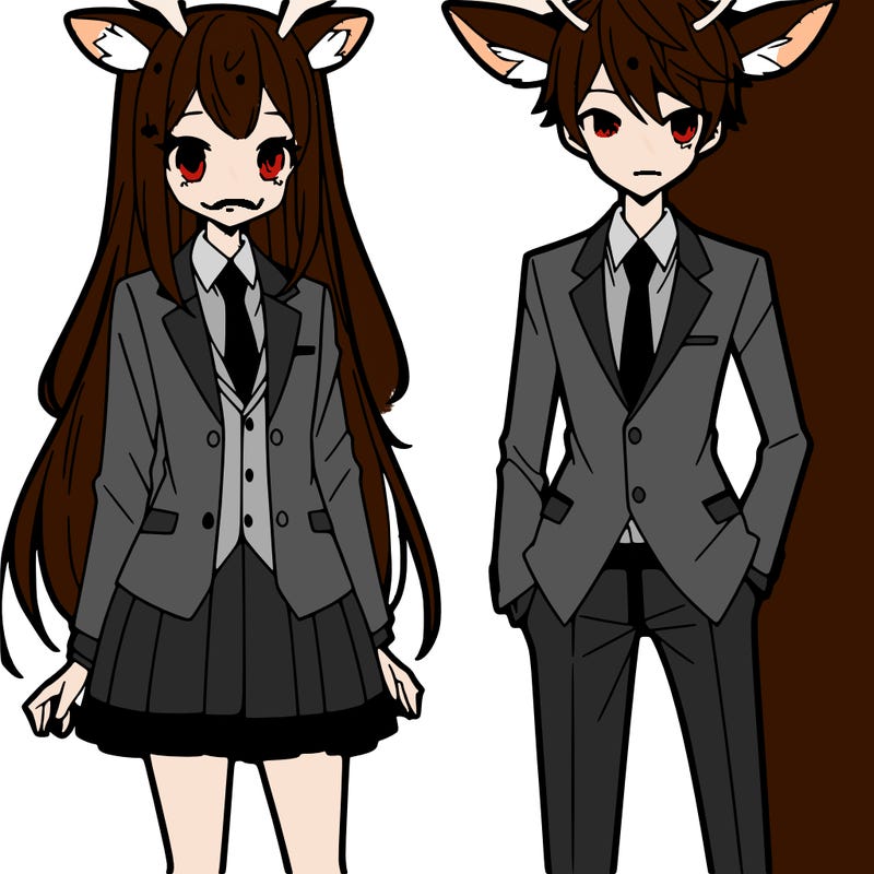 tall anime girl with deer ears wearing a suit and an anime guy wearing a suit