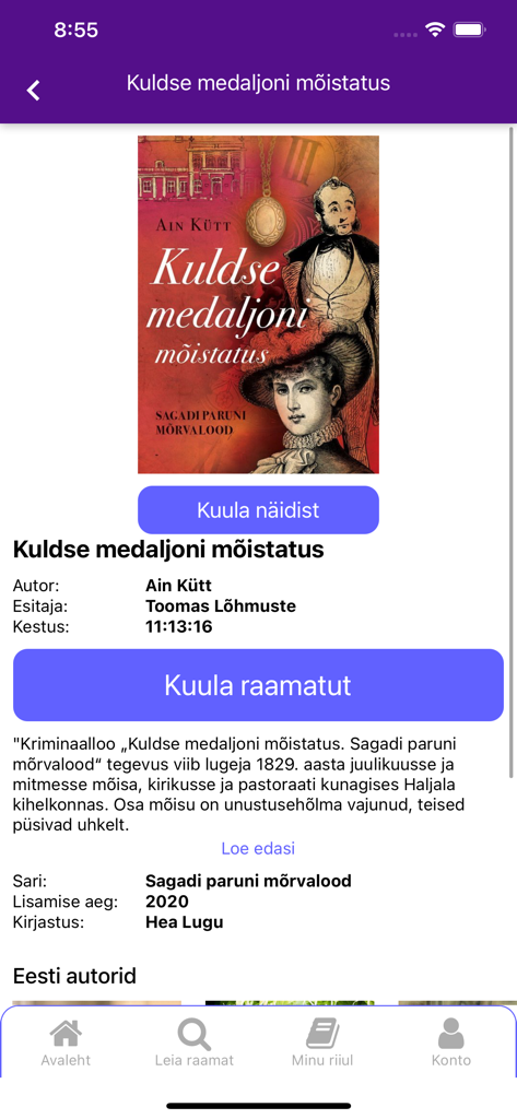 Digiread - A mobile app screenshot of the Digiread platform showing the details page for an Estonian audiobook titled Kuldse medaljoni mõistatus.