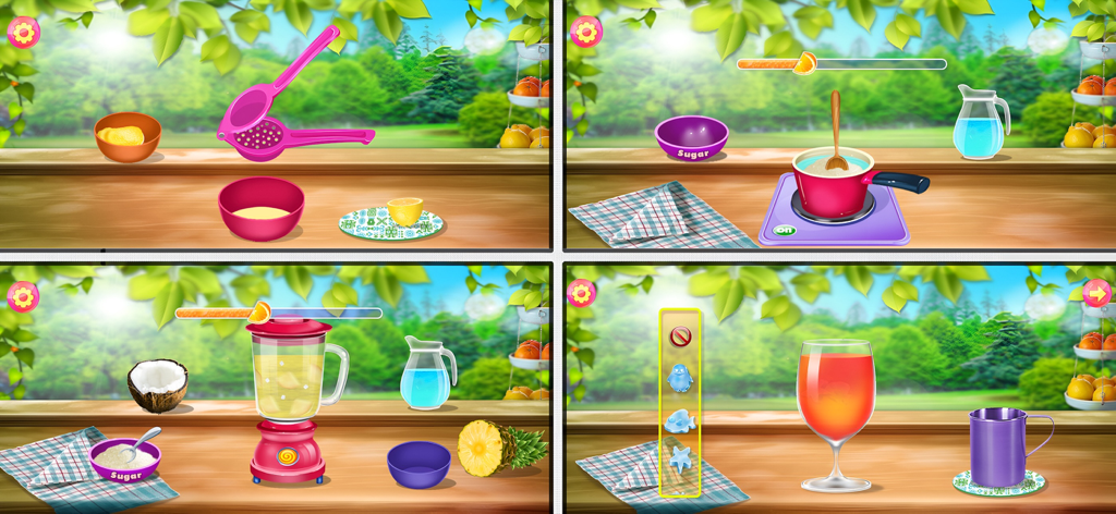Juice Maker - Summer Drinks - Four panels showing gameplay steps for making juice including squeezing lemons, cooking, blending ingredients, and decorating the final drink.