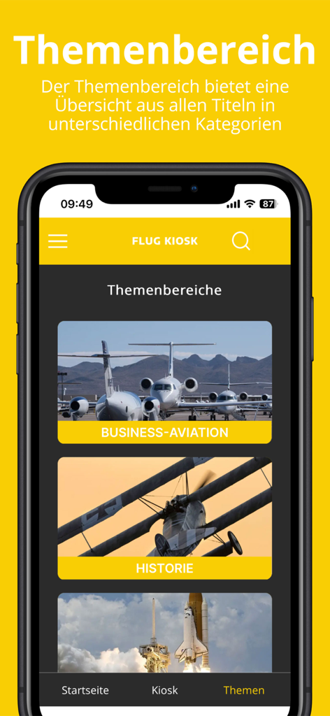 Flug Kiosk - The Flug Kiosk app interface showing different aviation categories like business aviation and history with high-quality aircraft imagery.