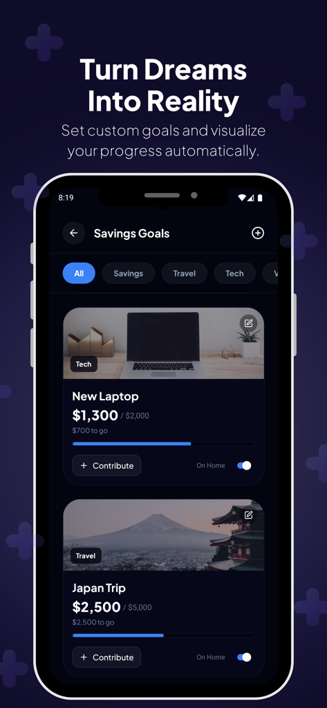 BudgetPal app screen displaying savings goals for a new laptop and a Japan trip with visual progress bars