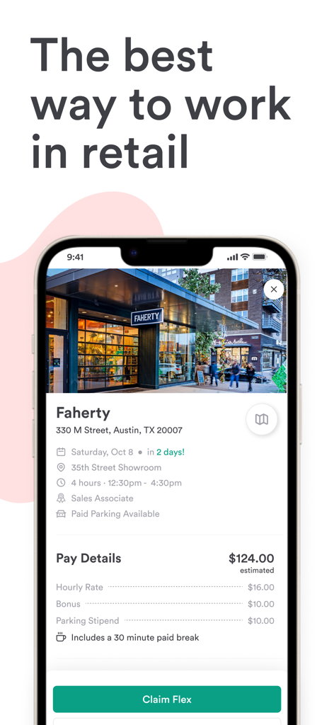 Reflex app interface showing a sales associate job listing at Faherty in Austin with pay details