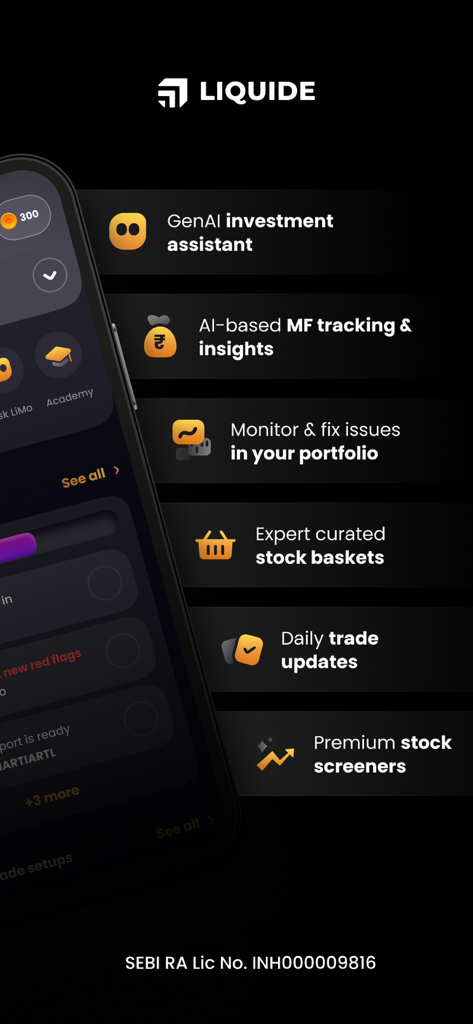 Liquide App-Oberfläche, die den KI-Investmentassistenten und die Portfolio-Tracking-Funktionen hervorhebt.