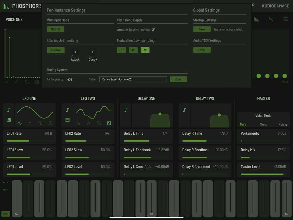 Phosphor 3 - Menú de configuración del sintetizador Phosphor 3 mostrando opciones MIDI y de afinación sobre la interfaz del plugin