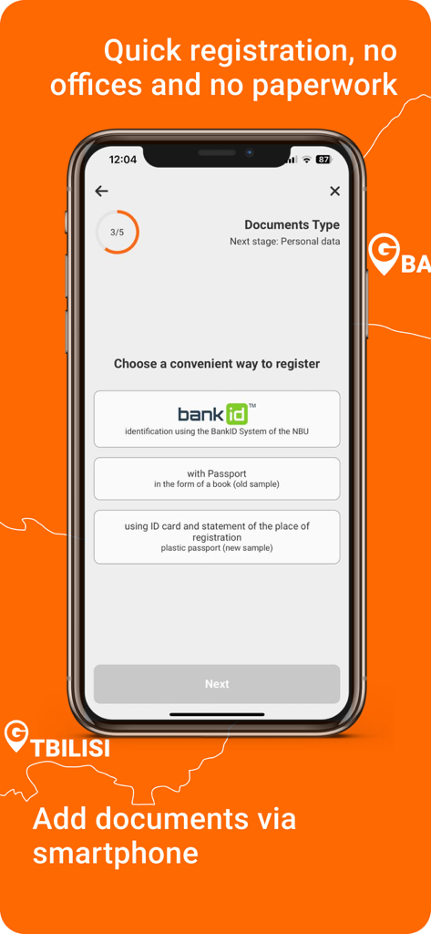 Smartphone screen displaying Getmancar registration and document verification options.