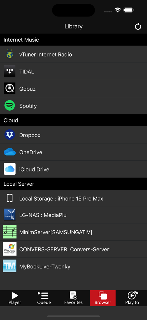 El menú del navegador de la aplicación AGD Stream mostrando servicios de música integrados, opciones de almacenamiento en la nube y servidores de red locales.