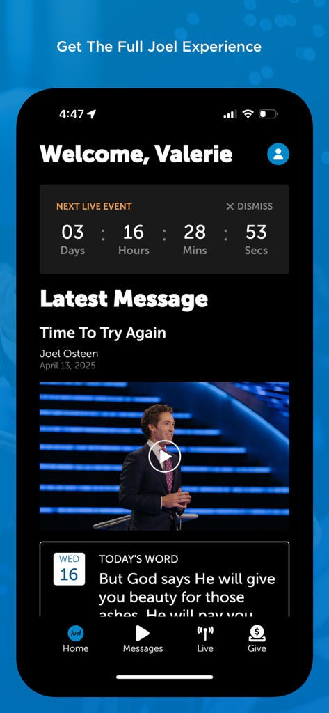 Joel Osteen Ministries - Home screen of the Joel Osteen Ministries app showing latest messages and daily devotions