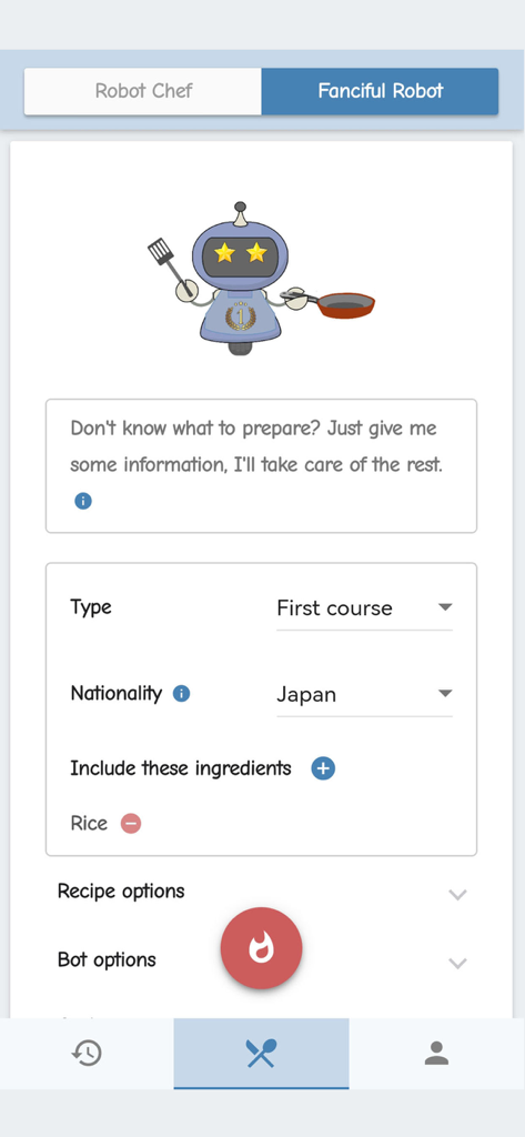 Robot Chef - Quick recipes - Interfaz de la aplicación Robot Chef mostrando la personalización de recetas con el personaje del Robot Fantasioso