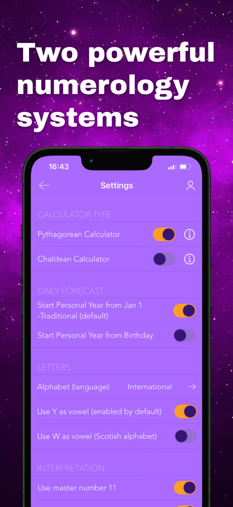 Pocket Numerology - Settings screen of the Pocket Numerology app showing options for Pythagorean and Chaldean calculators.