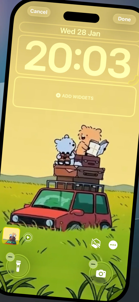 ClipToLive • Live Wallpapers - IPhone lock screen customization preview featuring a cute cartoon illustration of bears on a travel car.