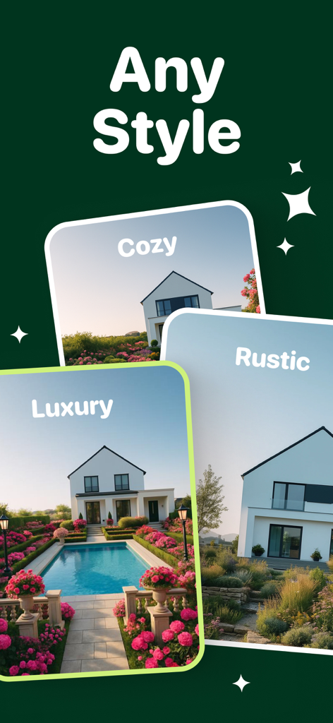 AI Garden Design AI Landscape - AI-generated garden design examples showing luxury rustic and cozy landscaping styles for a modern home