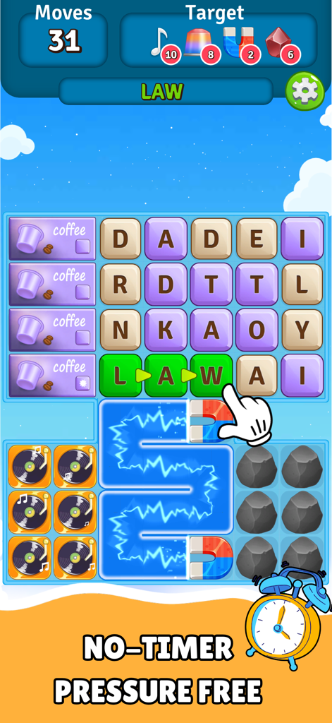 Alphabet Scape: Find Words! - Alphabet Scape mobile game showing word puzzle gameplay with no timer