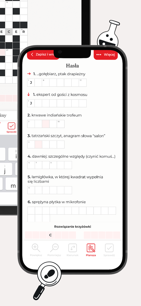 Krzyżówki Wyborczej - Pantalla de smartphone que muestra una lista de pistas de crucigramas en polaco dentro de la aplicación Krzyzowki Wyborczej