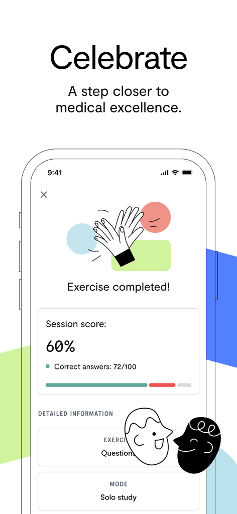 Quesmed - A mobile screen from the Quesmed app showing an exercise completed message with a session score of 60 percent and detailed progress information.