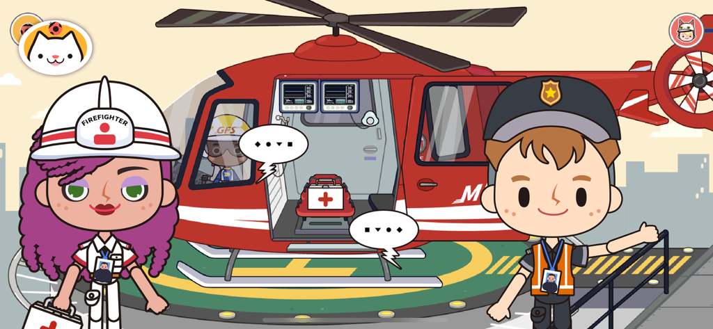 Personajes de dibujos animados y un helicóptero de rescate en un helipuerto en Miga Town Mi Estación de Bomberos