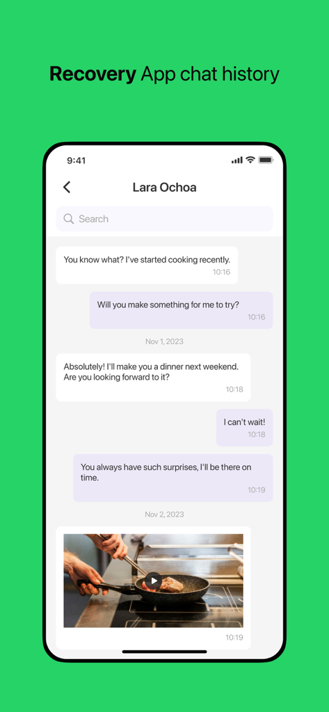 Dual App - Duo Web Scanner - Captura de pantalla de la función de recuperación de chats de Dual App que muestra una conversación de mensajería con contenido de texto y video.