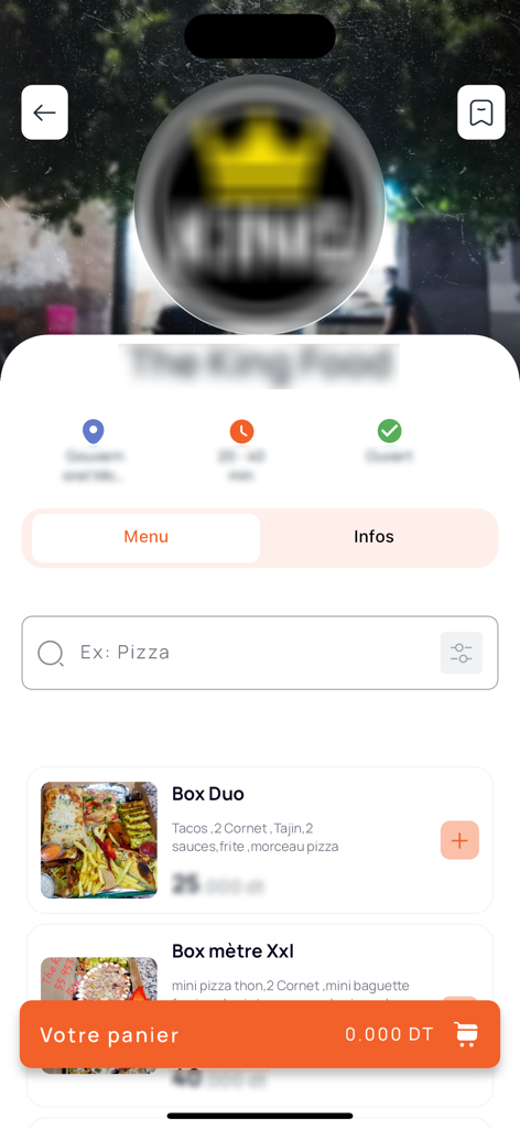 Fly Delivery - Fly Delivery app interface showing the menu of a restaurant with options for food boxes and a search bar