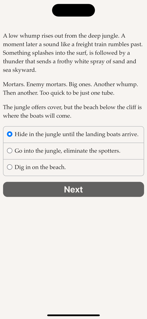 Marine Raider - Gameplay screen of Marine Raider showing narrative text about enemy mortars and tactical choices for the player to select.