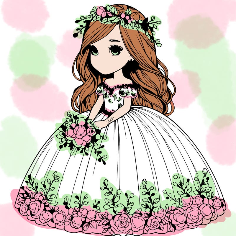 realistic girl in ball gown with flowers
