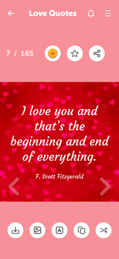 Love Messages - Quotes - A romantic quote by F. Scott Fitzgerald displayed on a red heart background in the Love Messages app