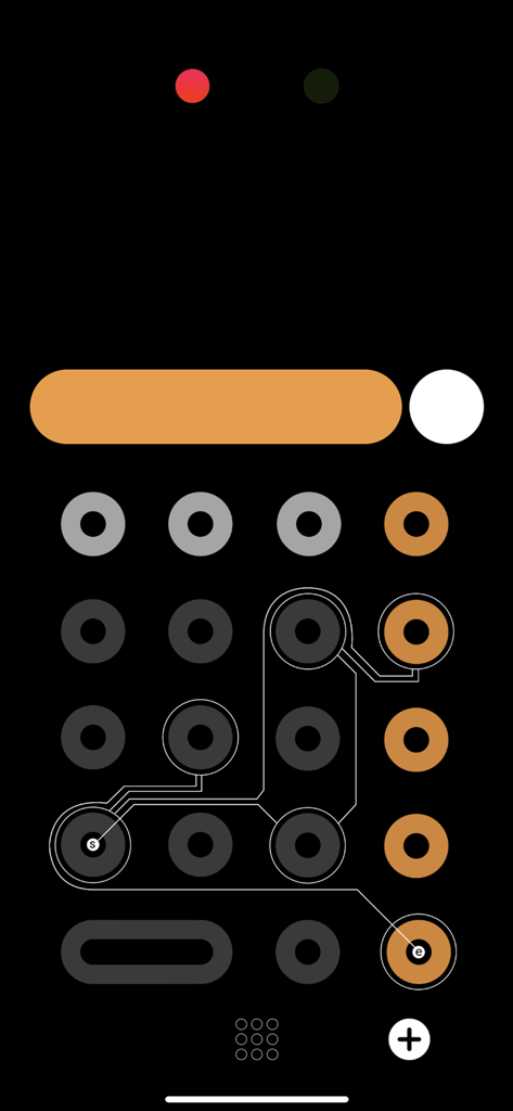 Un puzzle de lógica minimalista en The Company Game con nodos circulares y una conexión de ruta sobre un fondo negro