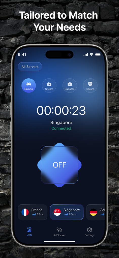 Turret VPN - Turret VPN app interface showing activity modes for gaming and streaming with server selection