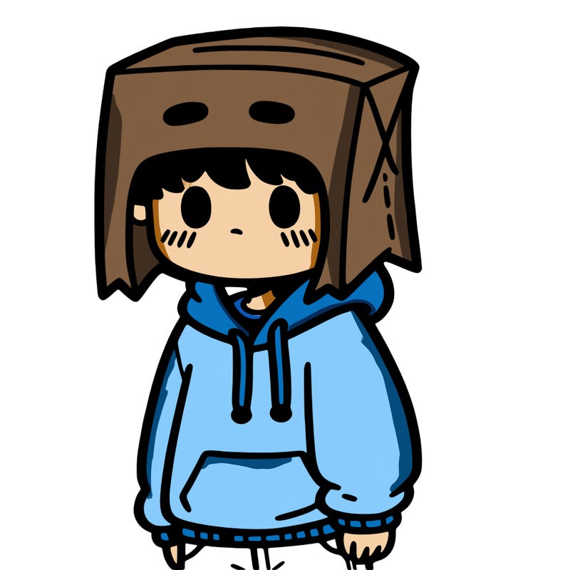 a boy with a sweatshirt and a paper bag on his head
