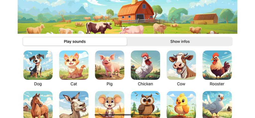 Animal Voices on a Farm - Interfaz de la aplicación Voces de Animales en la Granja con una cuadrícula de animales ilustrados para que los niños pequeños aprendan sonidos y nombres