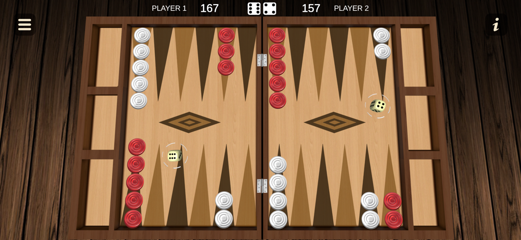 Backgammon - Two player - A realistic wooden backgammon board game showing red and white checkers and dice for two players