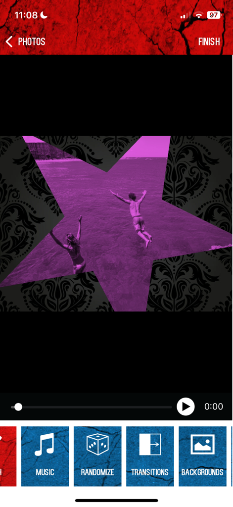 Slidezilla - Slidezilla mobile app interface featuring a star shaped photo cutout and editing options like music and transitions