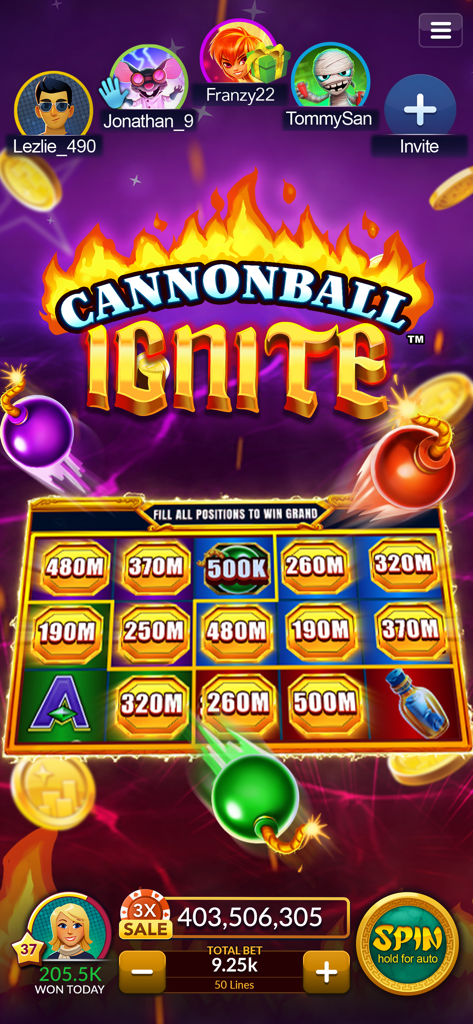 Jackpot Magic Slots gameplay showing the Cannonball Ignite slot machine with flaming graphics and player avatars.